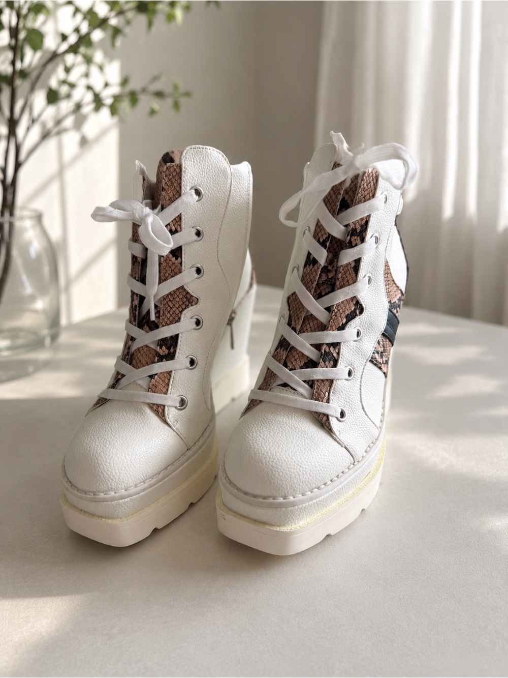 Jessica Simpson White Platform Lace-Up Wedge Boots with Snake-Print Panels